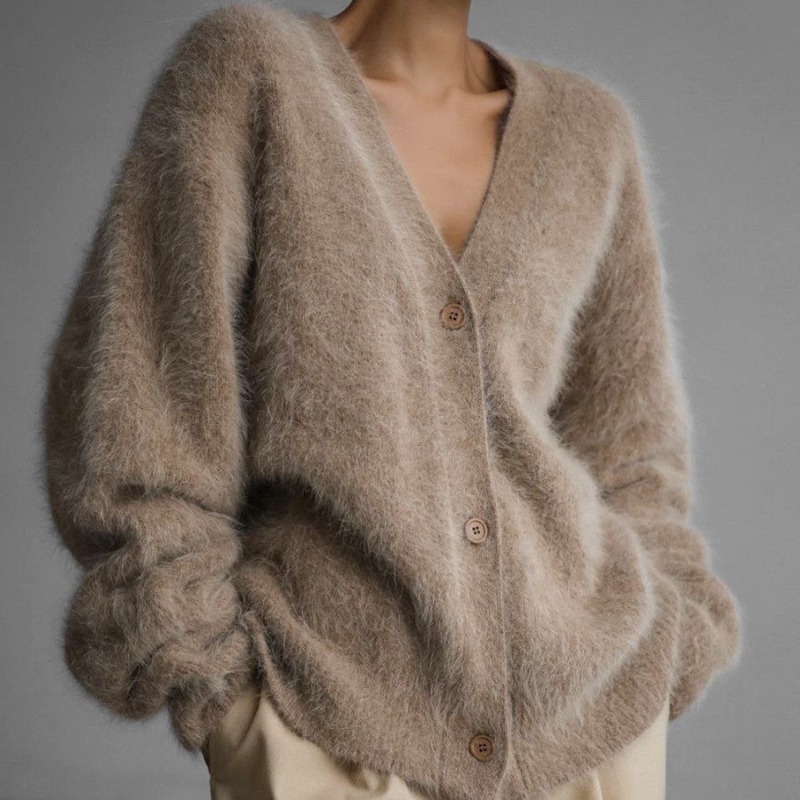Women Fluffy V Neck Knit Cardi - Wool Coat Peacoat ulasan dan harga