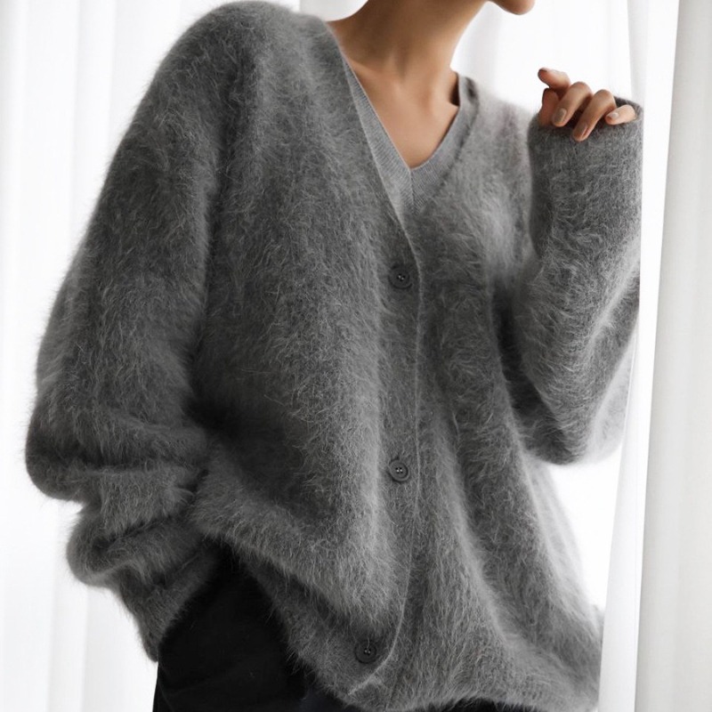 Women Fluffy V Neck Knit Cardi - Wool Coat Peacoat ulasan dan harga